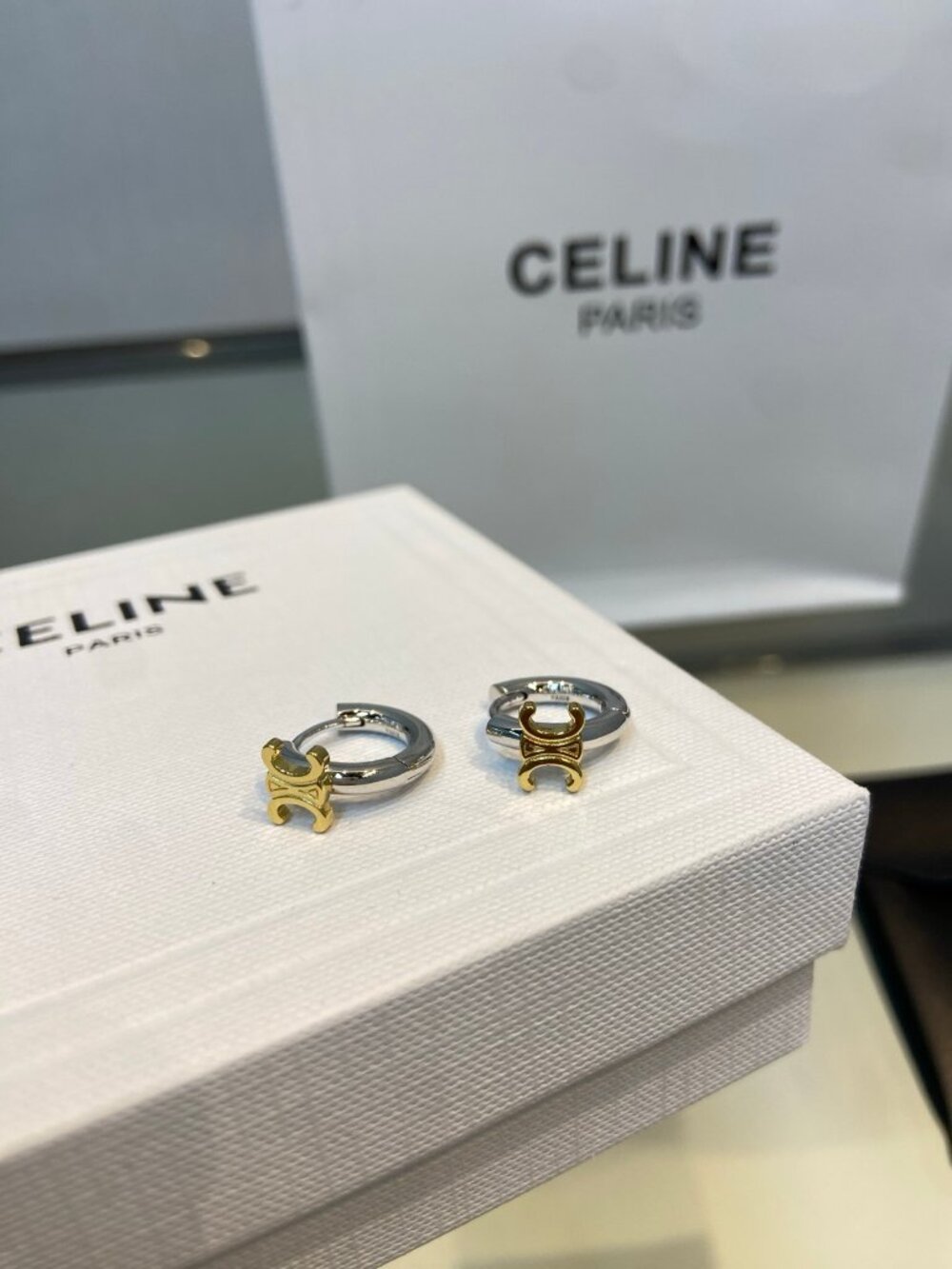 Celine Two-Tone Triomphe Charm Hoop Earrings